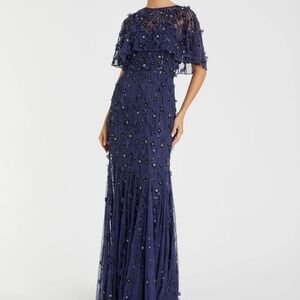 Navy Embellished Illusion Cape Sleeve Trumpet Gown
